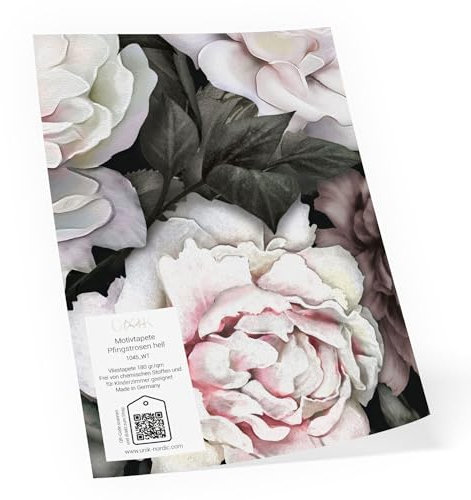 UNIK Nordic Tapeten-Produktmuster WT DIN A4, Größe 21 x 29,7 cm, Fototapete Auschnitt mit Motiv, Materialprobe Premium Vliestapeten, Pfingstrosen - Hell #1045 Muster