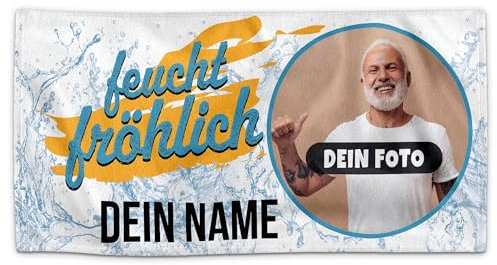 PR Print Royal Personalisiertes Handtuch mit lustigem Spruch - Feucht Fröhlich - mit Foto und Name Bedrucken | Badetuch selbst gestalten, Persönliches Geschenk für Männer, Freunde - 140 x 70 cm