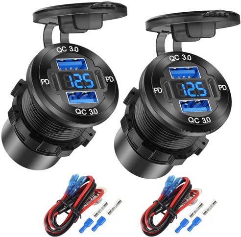 2 Pack 4 Puertos 12V Enchufe USB Cargador Aluminio, 78W Dual PD & QC Puerto U-S-B Múltiple para Coche, USB C Cigarette Lighter Replacement con Voltímetro Impermeable para Marina Barco Motocicleta RV