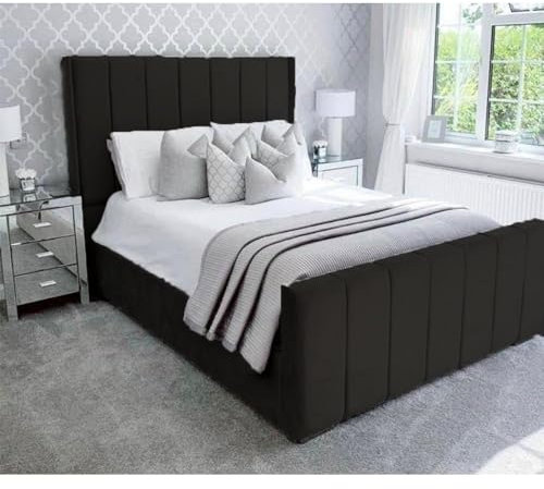 Furnishion Small Double Bed with Storage - Black Plush Velvet Small Double Ottoman Bed with Mattress Included - Upholstered Panel Bed