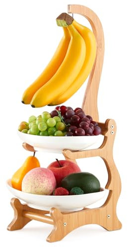 Willinglong Ceramic Fruit Bowl with Banana Hanger 2 Tier Fruit Basket Stand Bamboo Fruit Holder Removable Banana Hanger Stand for Kitchen Counter Fruit Vegetable Storage Supplies