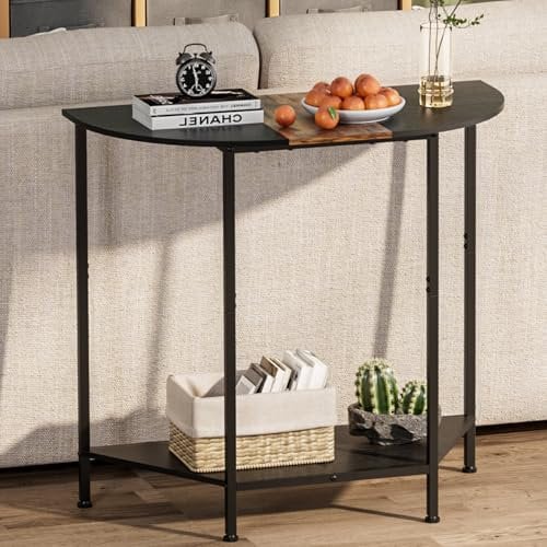NOVIMANGO Schmal Konsolentisch, Halbrund Beistelltisch mit Ablage, Flurtisch, Kleiner Ausstellungstisch, Sofatisch für kleinen Raum, für Wohnzimmer, Eingang, Flur, 83 x 75 x 34 cm, Holz, Schwarz