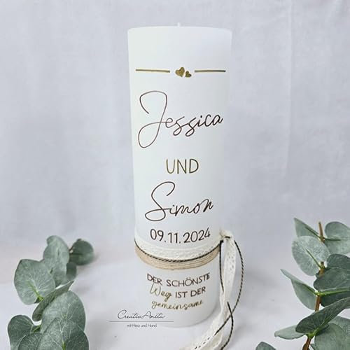 Hochzeitskerze mit/ohne Teelichteinsatz in weiß-braun mit Spitzenband, Jute und Perlen - Personalisiert