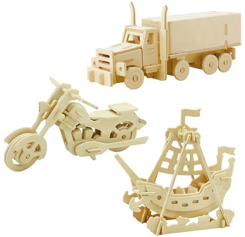 Georgie Porgy Hölzerne 3D Puzzle Sammlung Puzzle Modell Kit Baukasten Holzhandwerk Kinder Puzzle Pädagogisches Spielzeug DIY Geschenk Packung 3 (Piratenschiff LKW Motorrad)