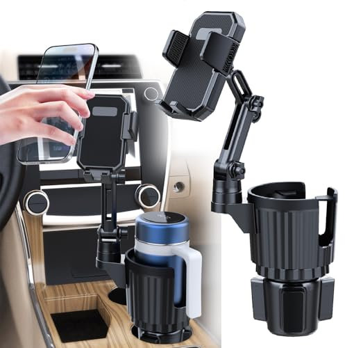 HoneTeek 2-IN-1 Porta Cellulare Auto Con Portabicchieri, Flessibile Supporto Telefono Auto, Base Rotante a 360 Gradi Con Braccio Lungo, Porta Cellulare Da Auto