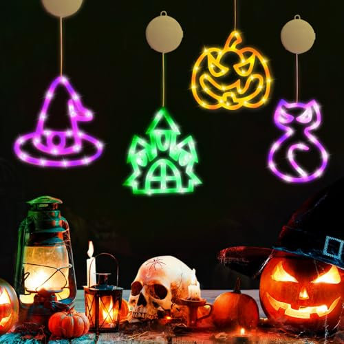 Halloween Fensterlichter, Halloween Dekorationen Fenster Lichter mit Saugnapf-Haken, LED Lichterkette Batteriebetriebene 46cm Lang, Spinne Hexenhut Kürbis Deko Fenster (3 Stück) (4pcs)