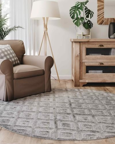 Interiyou Kurzflor Teppich Lecce - 200x200 cm Rund Hellgrau - Skandinavisches Boho Muster mit 3D Hoch-Tief Effekt - Flach mit Geometrischem Muster