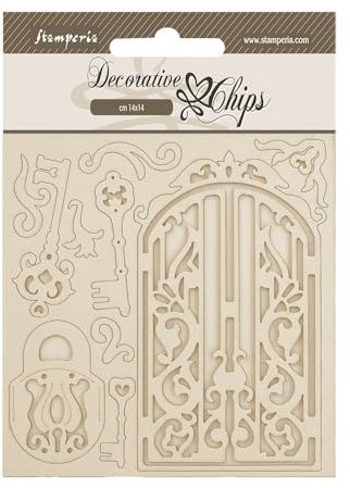 Stamperia - Decorative Chips for Scrapbooks, Albums, Cards, Bullet Journals and More, Laser Cut Cardboard Shapes, Easy to Glue, Perfect for Hobbies, Crafts, and Gifting (Old Lace, Gate and Key)