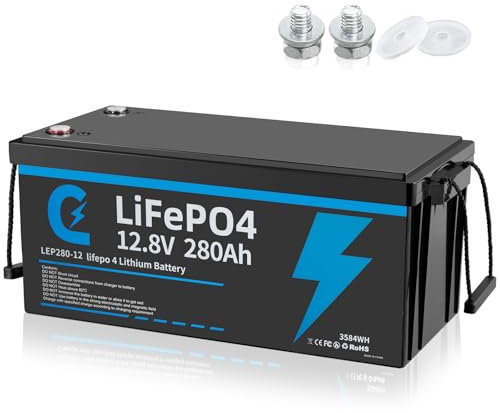 Lifepo4 280Ah 12V Lithium Batterie mit Deep Cycle 12.8v 280Ah Wiederaufladbar Batterie mit BMS Schutz 15000 Zyklen Perfekter Ersatz Bleiakku Geeignet für Wohnmobil, Boote, Camping