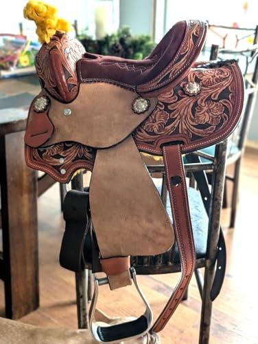 Sazaar Tack Westernsattel für Pferde, echtes Leder, Blumenmuster, Trail-Sattel mit silberfarbenen Conchos, Braun, 25,4 cm bis 45,7 cm (43,2 cm Sitz)