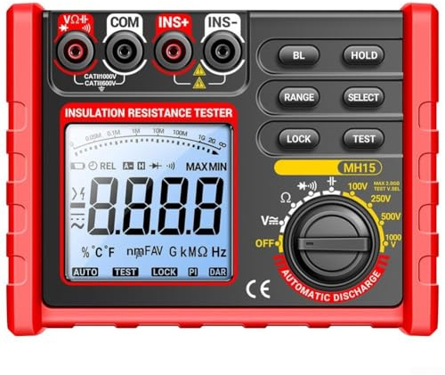 HpLive MH15 Digitales Megohmmeter,1000V IsolationsprüferOhm-Widerstandsmessgerät ，Isolationsmessgerät LCD Tester，Isolationswiderstand mit 100V/250V/500V/1000V Prüfspannung