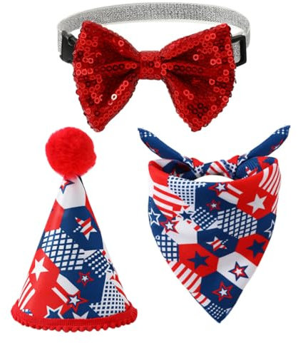 BESPORTBLE Patriotisches Hundekostüm Set Amerikanische Flagge Hut Fliege Und Dreieckstuch Lustiges Leichtes Outfit Für Hunde Und Katzen Bei Partys Und Feiertagen