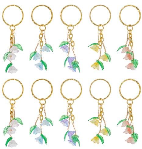 SUPERFINDINGS 20Pcs 5Colors Glass Keychain Orchid Pendant Keyrings Tulip Charms Keychain Floral Leaf Keyrings for Purse HandBag Wall Accessories Car Key Decoration, 76mm