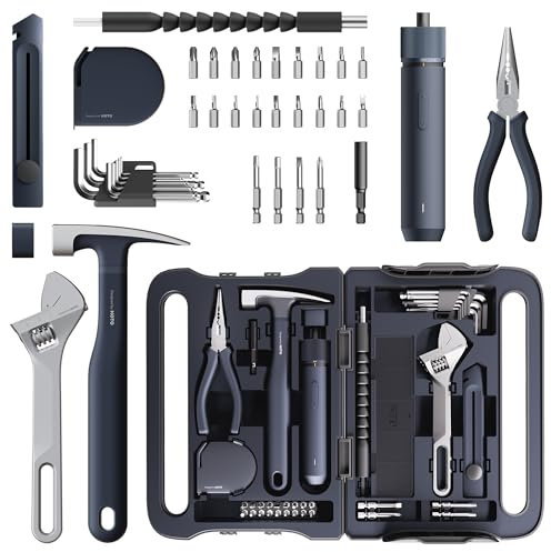 HOTO 40-Piece Tool Kit, Household Essentials Tool Set w/Smart Electric Screwdriver (LED, 3 Torque) + 14 Tools & 26 Accessories | Pro-Grade Compact Organizer for Home Repairs, DIY
