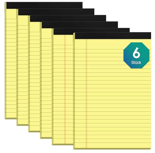 Notizblock A5 Kollegium Regiert Notizblöcke, 6 Stück Gelbe Papier Block Liniert, Schreibblock Liniert A5 Schmal Ruled Liniertes Papier Notizblöcke 30 Blatt Pro Schreibblock für Schule, Haus, Büro