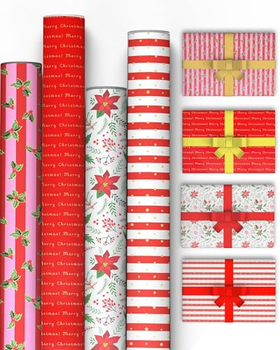 Kraft & Co Christmas Wrapping Paper - 4 Pack, Festive Design, 69cm x 8m | Thick Kraft Paper Sheets, Eco-Friendly, for Christmas Gift Wrap & Arts And Crafts, 32M Total