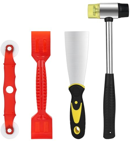 YYTECH Kit d'outils de vitrage de fenêtre, 4 outils de vitrage robustes avec marteau en caoutchouc, pelle à vitrage rouge, rouleau de fenêtre rouge et grattoir en acier pour fenêtres, portes