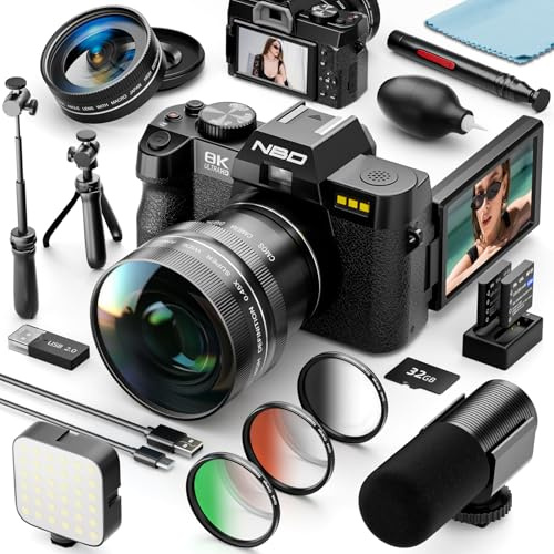 NBD Digitalkamera 8K 64MP 16X Zoom mit 3.0 180° klappbarem Display, WiFi & Schnell-Autofocus – Inkl. rofi-Set mit 16 Zubehör (Schwarz)