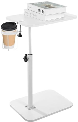 Joyoolife 360° Swivel C Shaped Side Table with Cup Holder, Adjustable Height Sofa Tray Table for Couch or Bed, Sliding Under Sofa Snack & Laptop Side Table for Small Spaces, White End Table