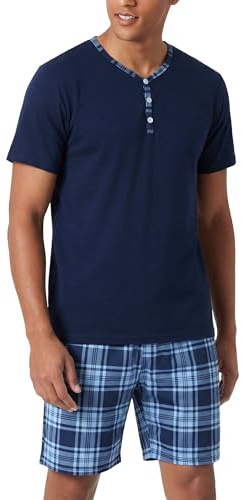 Irdcomps Pyjama Homme Ete Coton Ensembles de Pyjama Court Short à Carreaux Col V à Manches Courtes Vêtements De Nuit Décontracté Été Vêtements de Détente 2 Pièces Maison Doux et Confortable