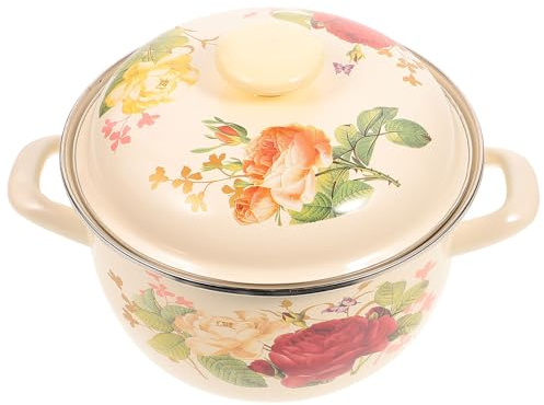 GAROZATION Pentola Smaltata Vintage da 20 Cm con Coperchio Pentola per Stufati e Zuppa con Manici Termoisolanti Antiscivolo con Finitura Liscia e Motivo Floreale Colore Colore Casuale