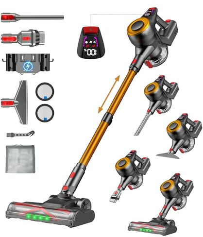 Aspiradora Sin Cable 48KPa 500W Motor Brushless, 65Min 1.6L Aspirador Sin Cable Autoportante, Carga de Pared y V Anti-Enredos, Escoba Aspiradora Sin Cable LED Display para Mascotas Alfombras y Parqué