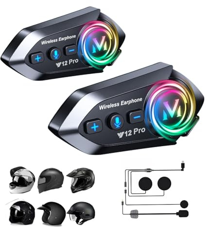 Intercom Motorrad Headset für 2 Personen Bluetooth Kommunikationssystem | Motorrad Gegensprechanlage Freisprecheinrichtung Fahrrad Headset mit Mikrofon Flache Motorrad Kopfhörer für Motorradhelm