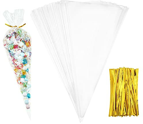 Outus 100 Stück Mittelgroß klar Cone Tüte Durchsichtig Kegel Taschen Süßigkeitentüten und 100 Stück Golden Twist Ties, 11,8 mal 6,3 Zoll