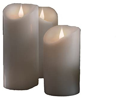 Lot de 3 bougies LED en cire véritable avec flamme 3D et minuteur 4/8 h, Ø 7,5 cm, hauteur 13,5/15,5/17,5 cm, fonctionne avec 2 piles C 1,5 W (non incluses).