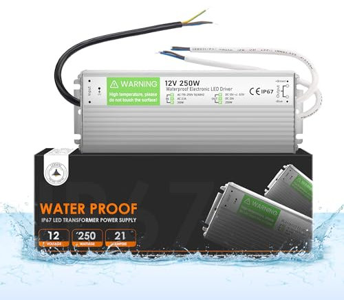 IP67 250W Waterproof DC 12V LED Power Supply Driver Transformer AC 90-250V Flicker Free Output, Outdoor Transformer for Garden Lighting, Pond Water Pumps (250W)