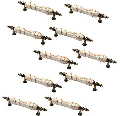 Set of 10 NUZAMAS Vintage Ceramic Cabinet Door Handles, Furniture Drawer Handles, Zinc Alloy, 140mm Long, Kitchen Cabinet Wardrobe Knobs Bars, Center to Center 96mm