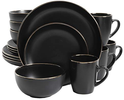 Gibson Home Rockaway Service de table rond en grès pour 4 personnes (lot de 16) Noir/doré