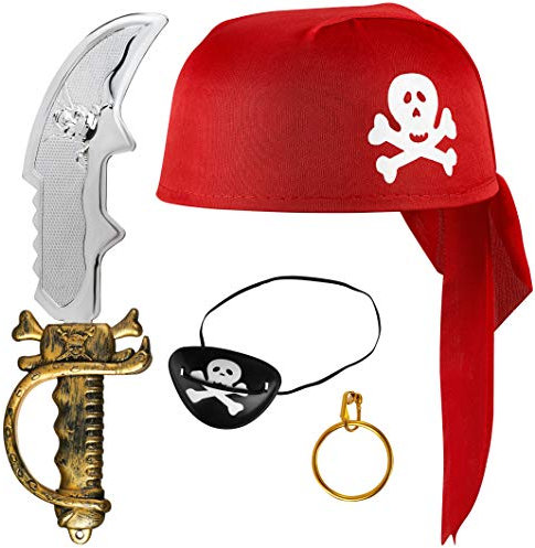 Balinco Piratenset 4-teilig für Kinder bestehend aus Rotem Piratenhut + Säbel + Augenklappe + Goldener Ohrring - Kostüm Set für Fasching/Karneval
