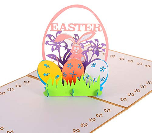 Happy Easter Grußkarten, Ostereier, Hase Blumen Karte 3D Pop Up Osterkarten mit Umschlägen, handgefertigte Grußkarten für Ostern…