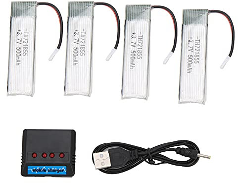 Dilwe Batterie Lipo de Voiture RC 3.7V, Batterie au Lithium 4 Pièces 500mah 25C avec Kit de Charge Pièces de Rechange RC pour Voiture Télécommandée
