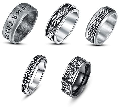 Corato 5 Stücke Titanstahlring Set für Herren Damen Wikingerrune Ring Keltischer Knoten Hochzeit Verlobung Ring Silber Spinner Jahrestag Ring Größe 65 (20.7)
