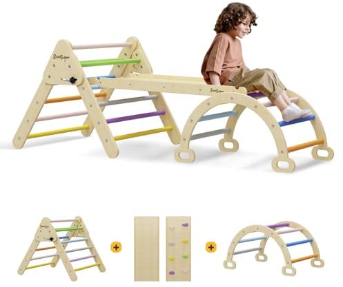 BanaSuper Buntes 3-in-1-Kletterdreiecksleiter mit Rampe und Bogen Dreieckskletterset Montessori-Kletterspielzeug für Kinder Indoor-Spielplatz Spiel- und Fitnessstudio Geschenk für Kinder