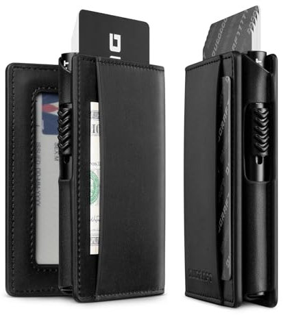 DUGRAFT Minimalist Card Wallet with Aluminum POP UP Card Case RFID Blocking, ID Window and 2 Extra Card Slots, Gift Box Packed, Black