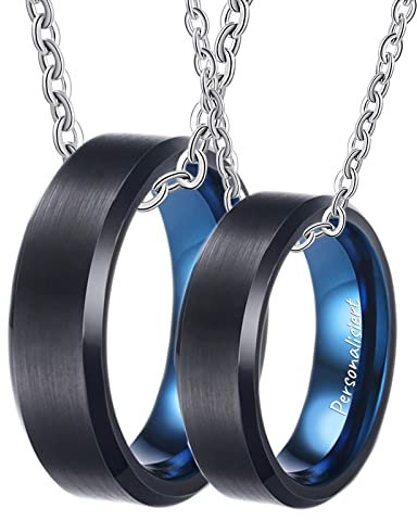 Epinki Wolfram Partner Halsketten für Sie und Ihn mit Ring Anhänger, Gebürstet Paar Ketten für Sie und Ihn, Schwarz Blau für Frauen & Männer, Breite 6MM - Herrenkette 60cm, Damenkette 50cm