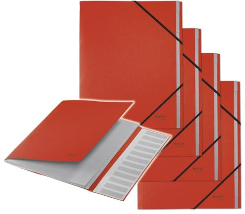 Leitz Recycle Ordnungsmappe A4, 4er Pack, Projektmappe mit 12 Fächern mit Index, 100 % recycelt & recycelbar, Umweltfreundlich, Recycle Serie, Rot, 39150025