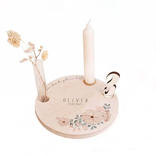 Personalisierter Geburtstagsteller aus Holz mit Kerzenhalter, Vase & Jahres Zahlen - Geburtstagsdeko mit Name - 1. Geburtstag Baby & Kinder Geschenk - ⌀16 cm x 12mm - hellomini (Blumen)