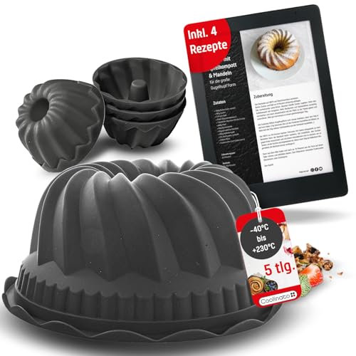 Coolinato 3er Set Silikon Backformen rund 16 cm 20 cm und 26 cm, Grau, Silikonformen zum Backen von Kuchen und Desserts, inkl. 4 Rezepten (Grau, Gugelhupf)
