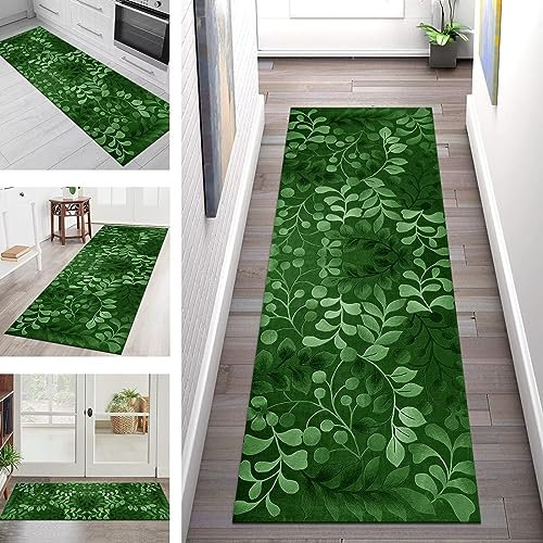 Teppich Läufer Lang Flur Küche rutschfest waschbar Korridor Tepiche Küchenläufer 100X350CM Grün Blumen Teppichläufer Matte Meterware Kücheteppich für Schlafzimmer Wohnzimmer Flurmatten Breit 40-120cm