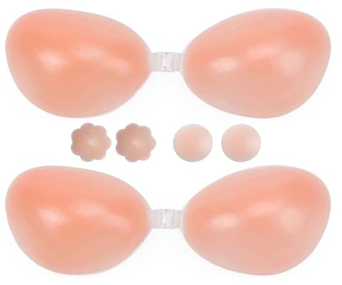 Boolavard Super Sticky Push Up Bras, 2 Pack Invisible Silicone Bra for Women Wedding Dresses Reusable with 4Pcs Nipple Covers (UK, Cup & Band, D)