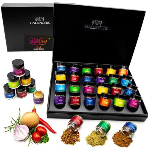 Hallingers Selection - Gewürz Geschenkset handmade, 24 Gewürze aus aller Welt (Set) - Geschenk im Sommer & als perfektes Grillgeschenk | Neues Zuhause Glückwünsche Freundschaft Genesung