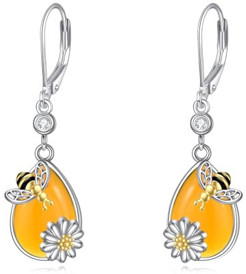 Biene Leverback Ohrringe Bernstein Teardrop Sterling Silber Dangle Drop Ohrringe Bumble Bee Flower Schmuck Geschenke für Frauen Mädchen