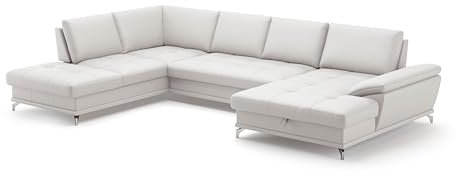 Cavadore Wohnlandschaft Castiel mit Federkern / Sofalandschaft mit großem Longchair, Sitztiefenverstellung und satinierten Metallfüßen / 363 x 89 x 223 / Echtleder, Weiß
