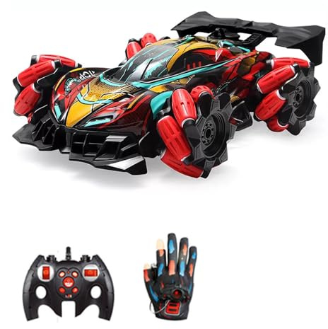 Goolsky Fernbedienung Spray Car Fernbedienung Stunt Car 2,4 GHz mit Funktion Cool Lights Musik Side Drift Handschuh Geste Funkuhr Fernbedienung Spray Stunt Car 3 Steuermodus 2 Batterie