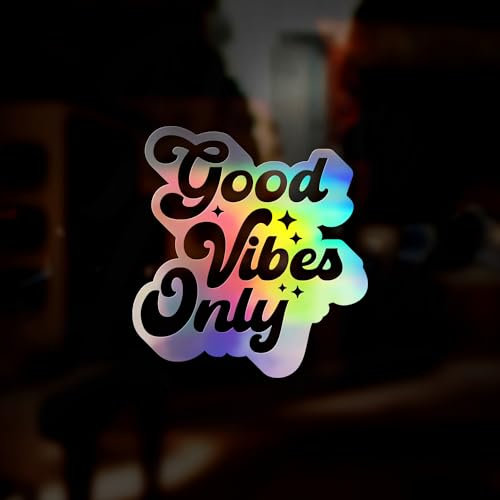 Fear7FX Good Vibes Only Decal Sticker, Oil Slick Chrome Reflective Holographic Iridescent Window Sticker, Girly Car Sticker, Funny Motorhome Sticker, Funny Caravan Vanlife Euro JDM Sticker, 140mm