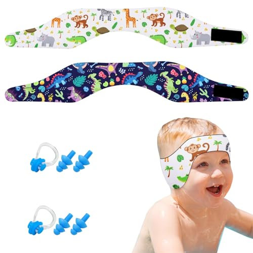 BORISCA 2 PCS Bandeau Piscine Oreille Enfant, élastique Bandeau Natation Enfant, Bouchon Oreille Piscine Enfant + Bandeau + Pince - Nez des éléments Animaux Bandeau Neoprene pour Sports Nautiques (M)